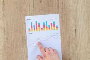 A hand points to colorful business charts and graphs on a paper sheet on a wooden desk.